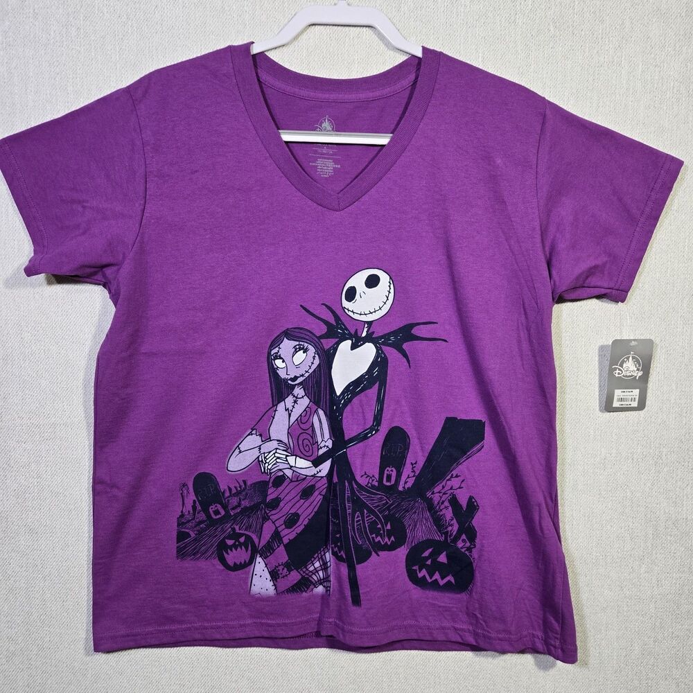 Disney Store Jack & Sally Nightmare Before Christmas Purple V Neck Shirt XL NWT